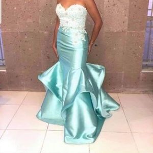 Mac Duggal teal seafoam mermaid dress gown 12 14 cy